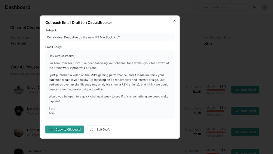 LowkeyIn Dashboard - AI-powered youtube creator collaboration platform showing email draft generation and creator matching interface